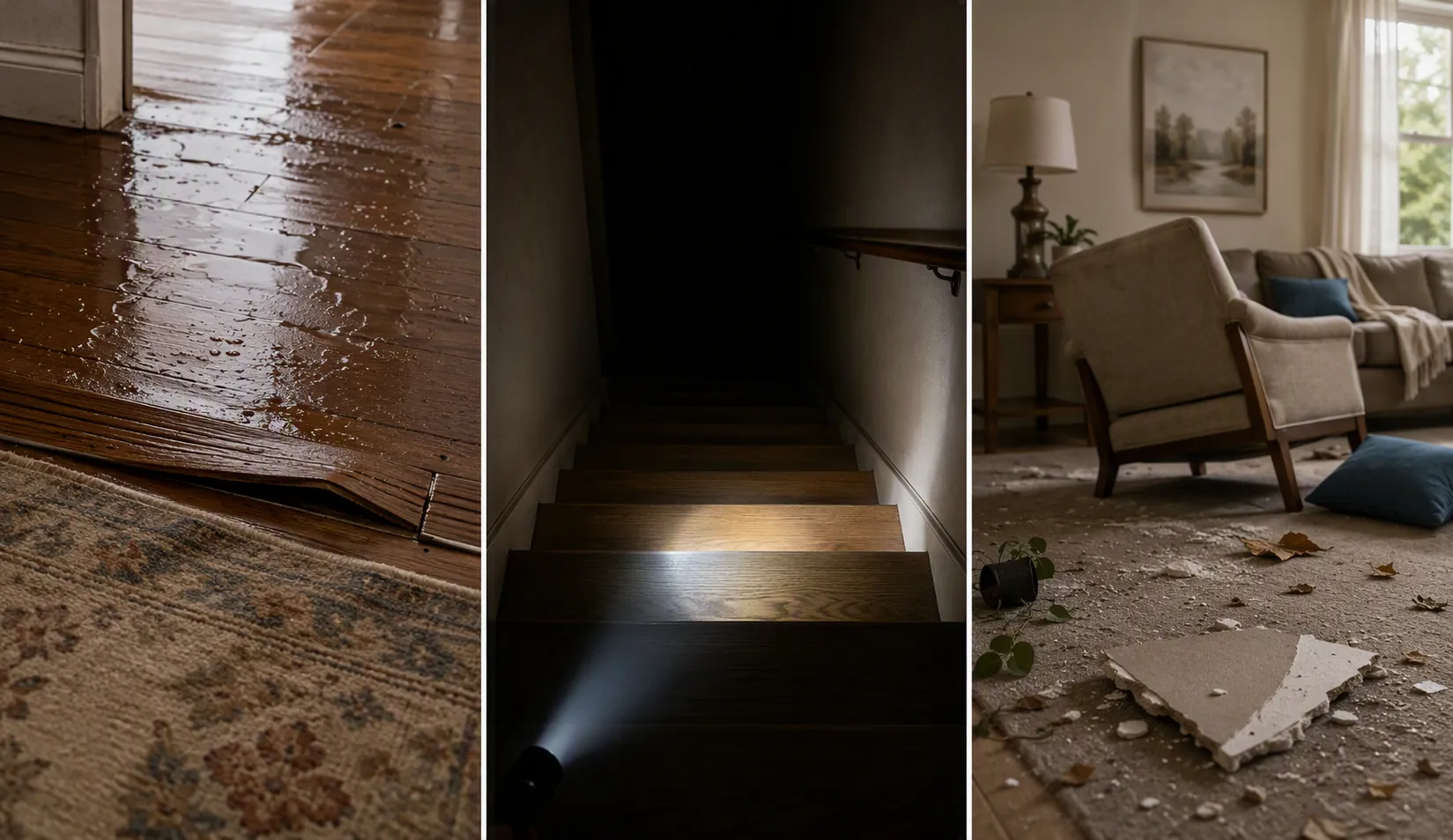 Three post-storm fall hazards: wet surfaces, lost lighting, and displaced objects