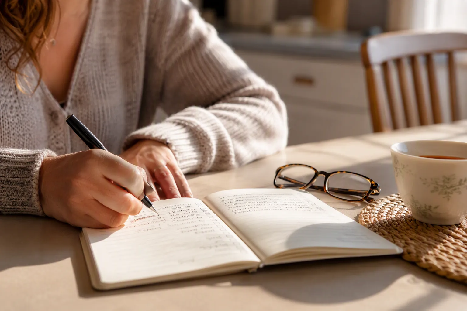 Adult daughter writing in a fall-tracking notebook on a kitchen table