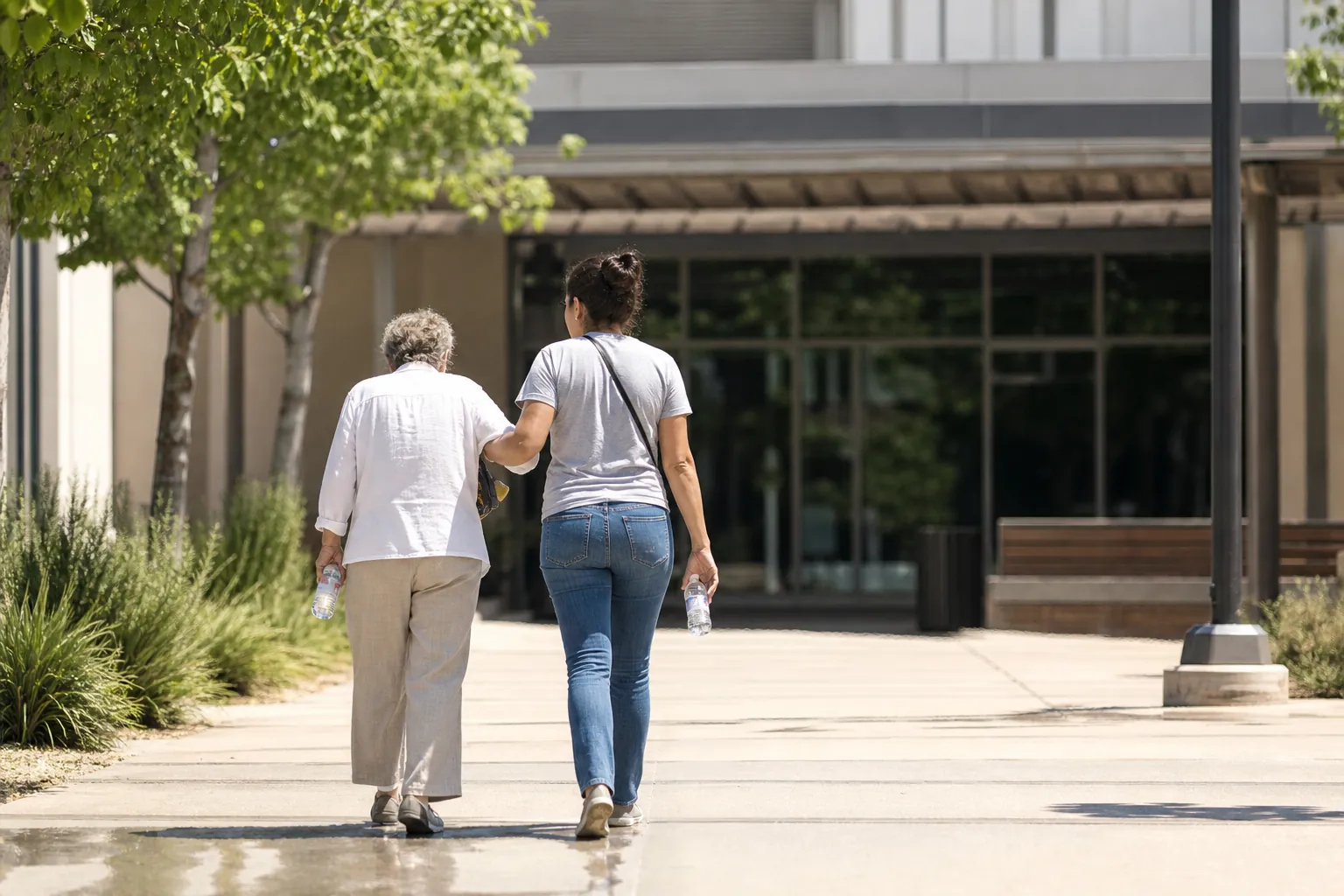 Older adult and caregiver walking with water bottles toward a shaded public community building during a heat wave