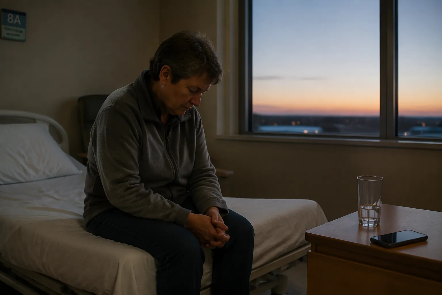 A spouse caregiver sits alone in a dim hospital room, looking down at their hands beside a phone and empty glass