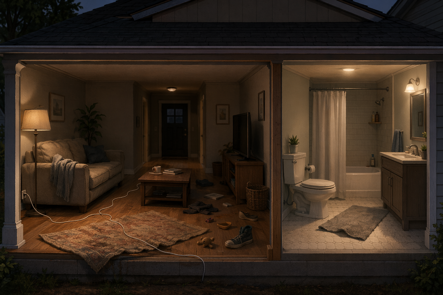 Illustration of fall hazards in a living room and bathroom including a loose rug, cord, clutter, poor lighting, and missing grab bars