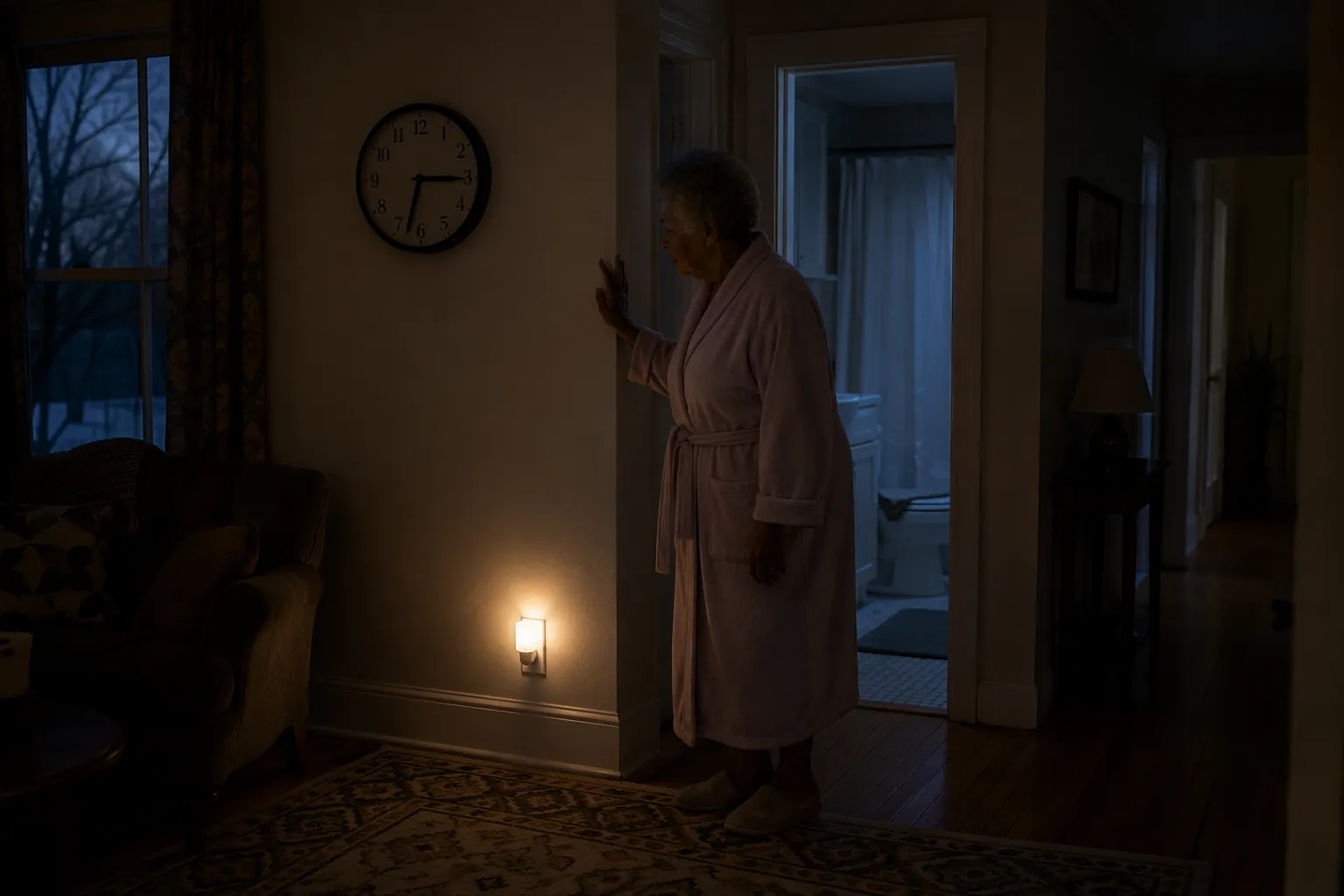 Elderly woman steadying herself near a bathroom doorway in a dim Mississippi home before sunrise