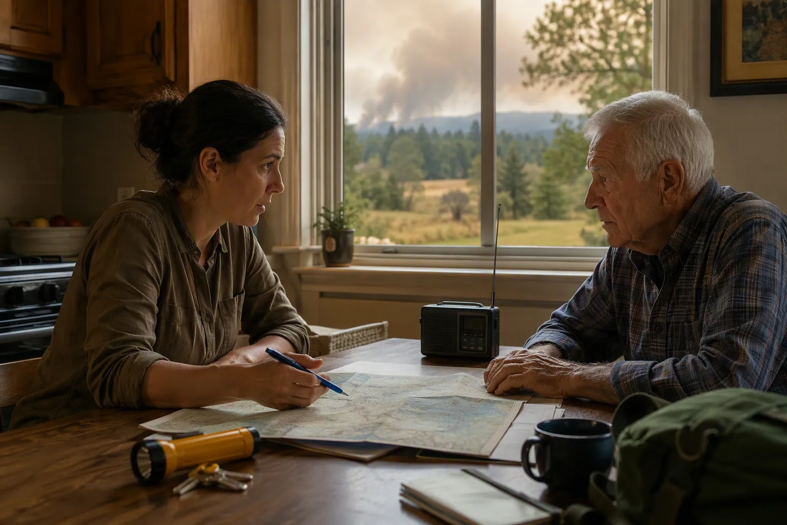 Adult daughter and elderly father discussing wildfire evacuation plans at a kitchen table