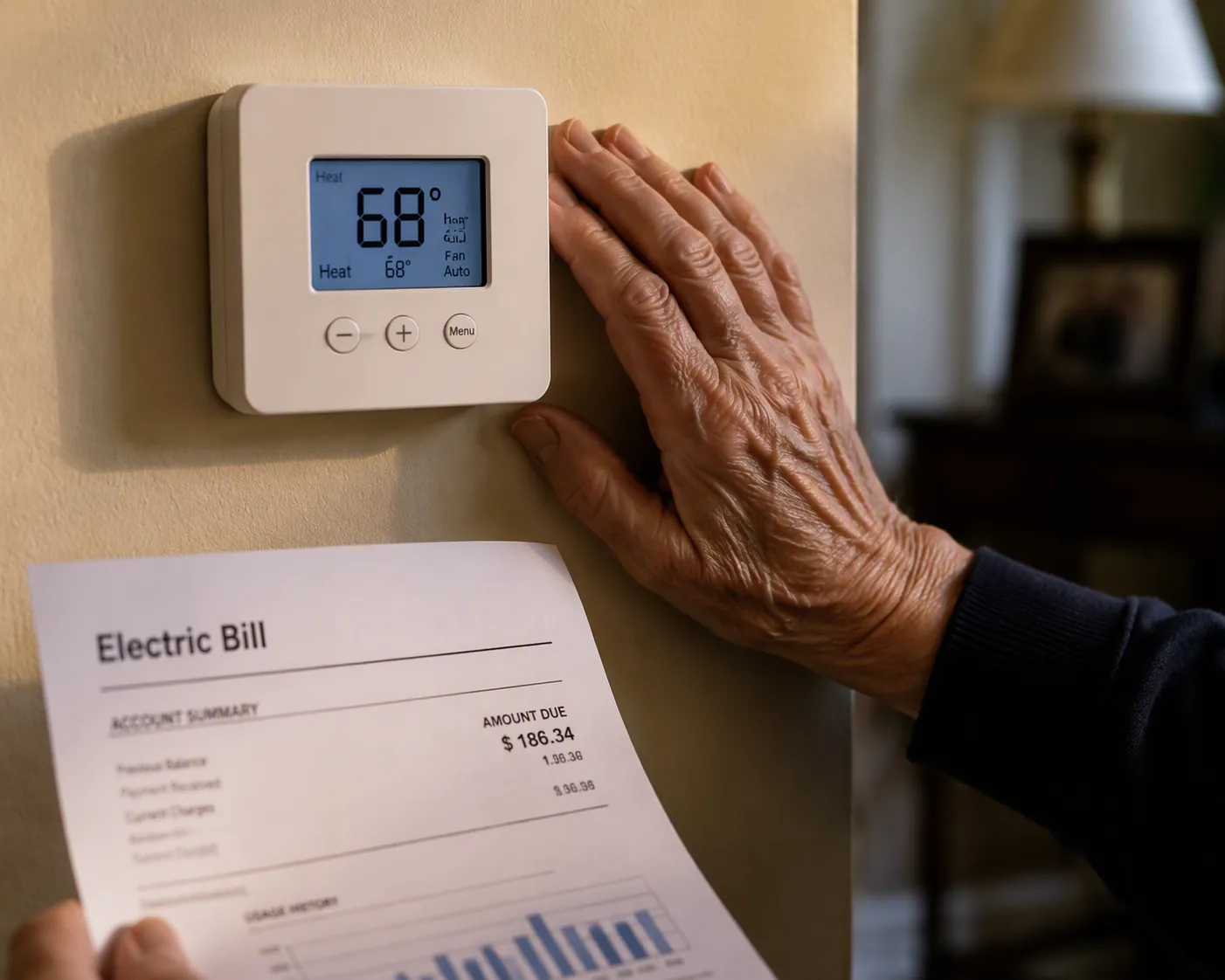 An older adult's hand near a wall thermostat with an electric bill in the foreground
