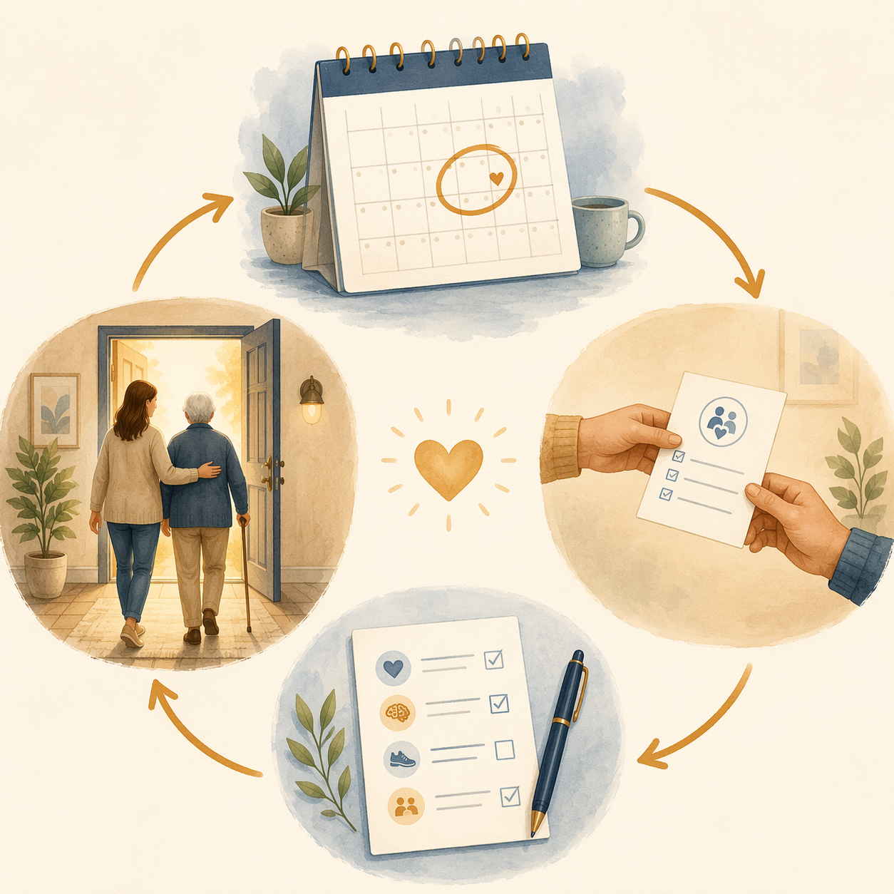 Circular family health check-in flow with calendar, permission form, checklist, and parent-child support