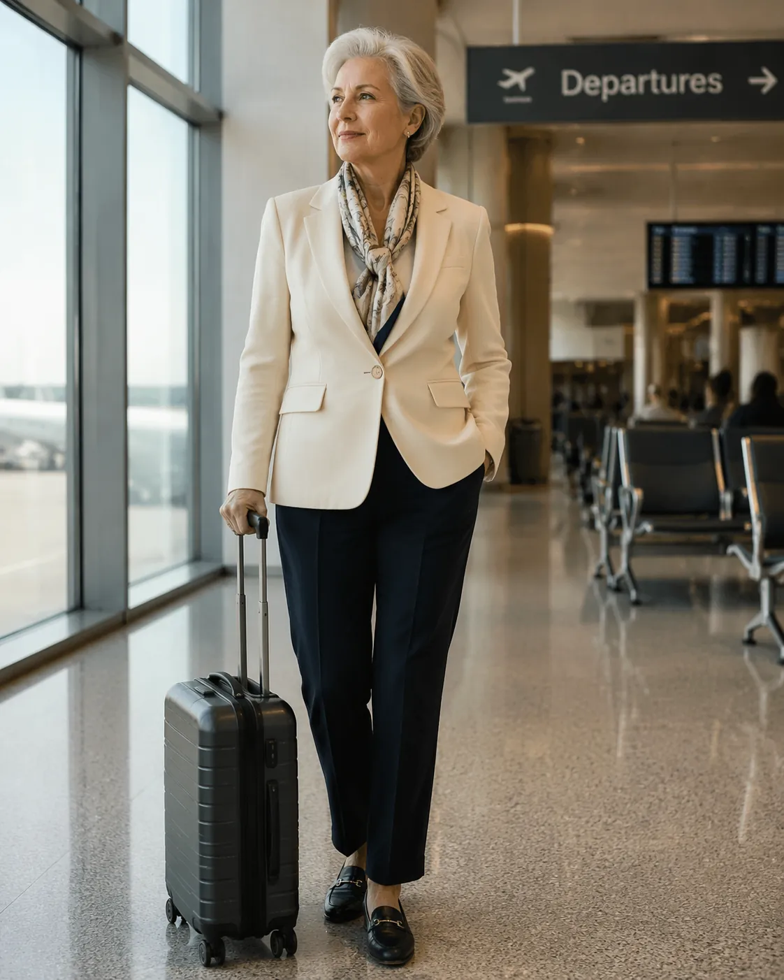 An older woman in a cream blazer and silk scarf stands in an airport lounge with a compact rolling carry-on