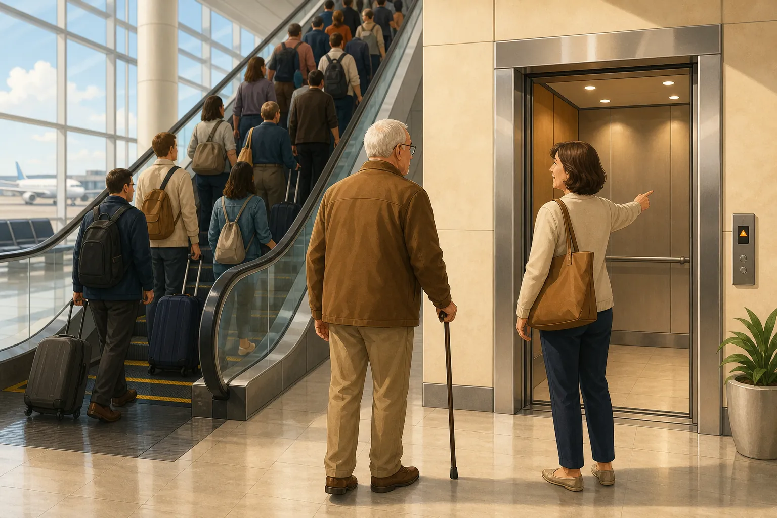 Older traveler with a cane and companion choosing an elevator instead of a crowded escalator in an airport