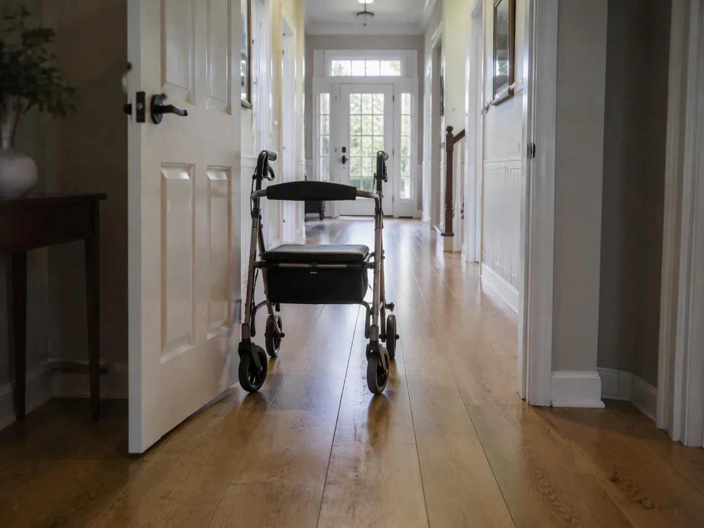 Rollator walker positioned in an open doorway with a clear hallway path to the exit