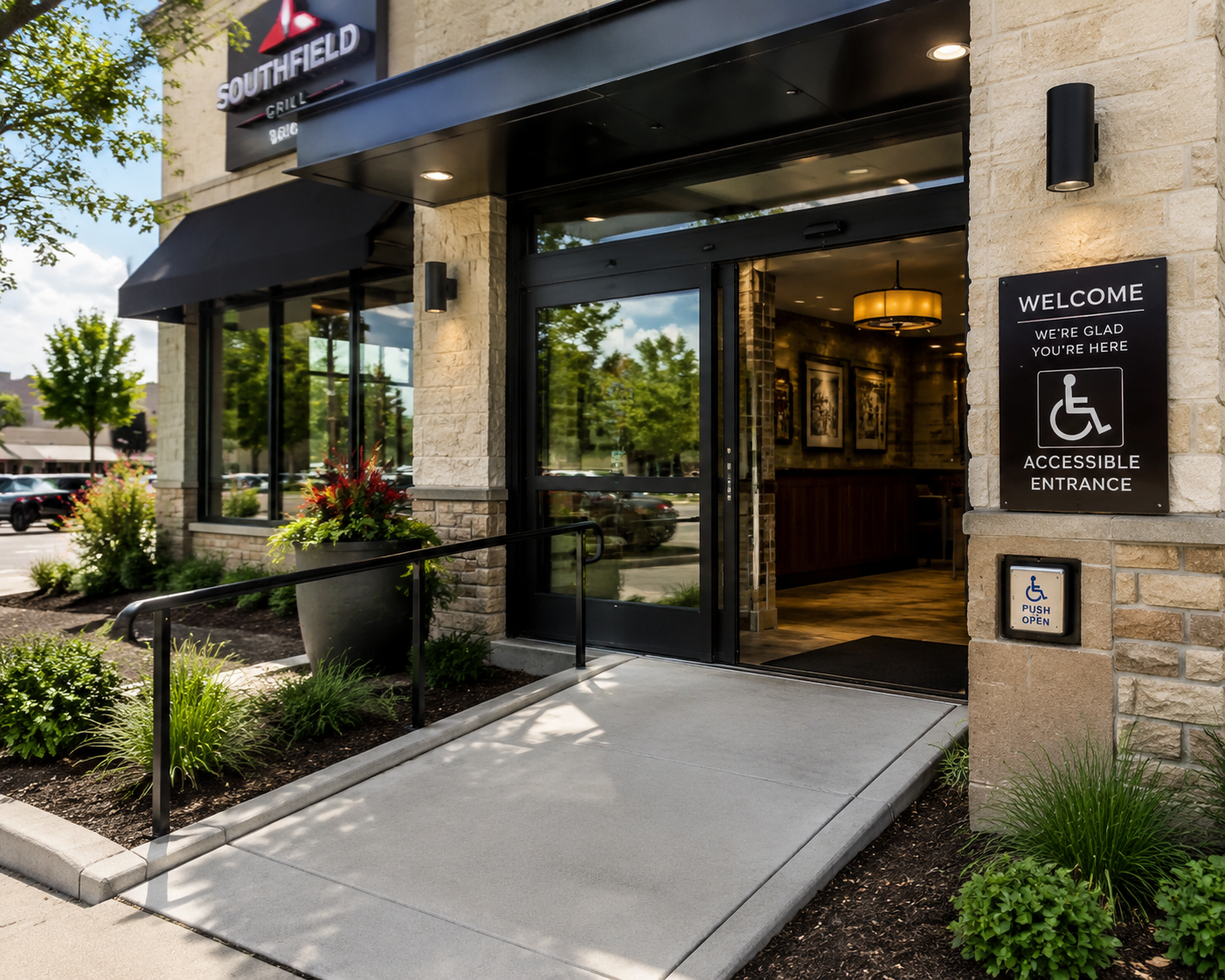 Restaurant entrance with a smooth ramp, handrail, wide doorway, push-button opener, and flush threshold