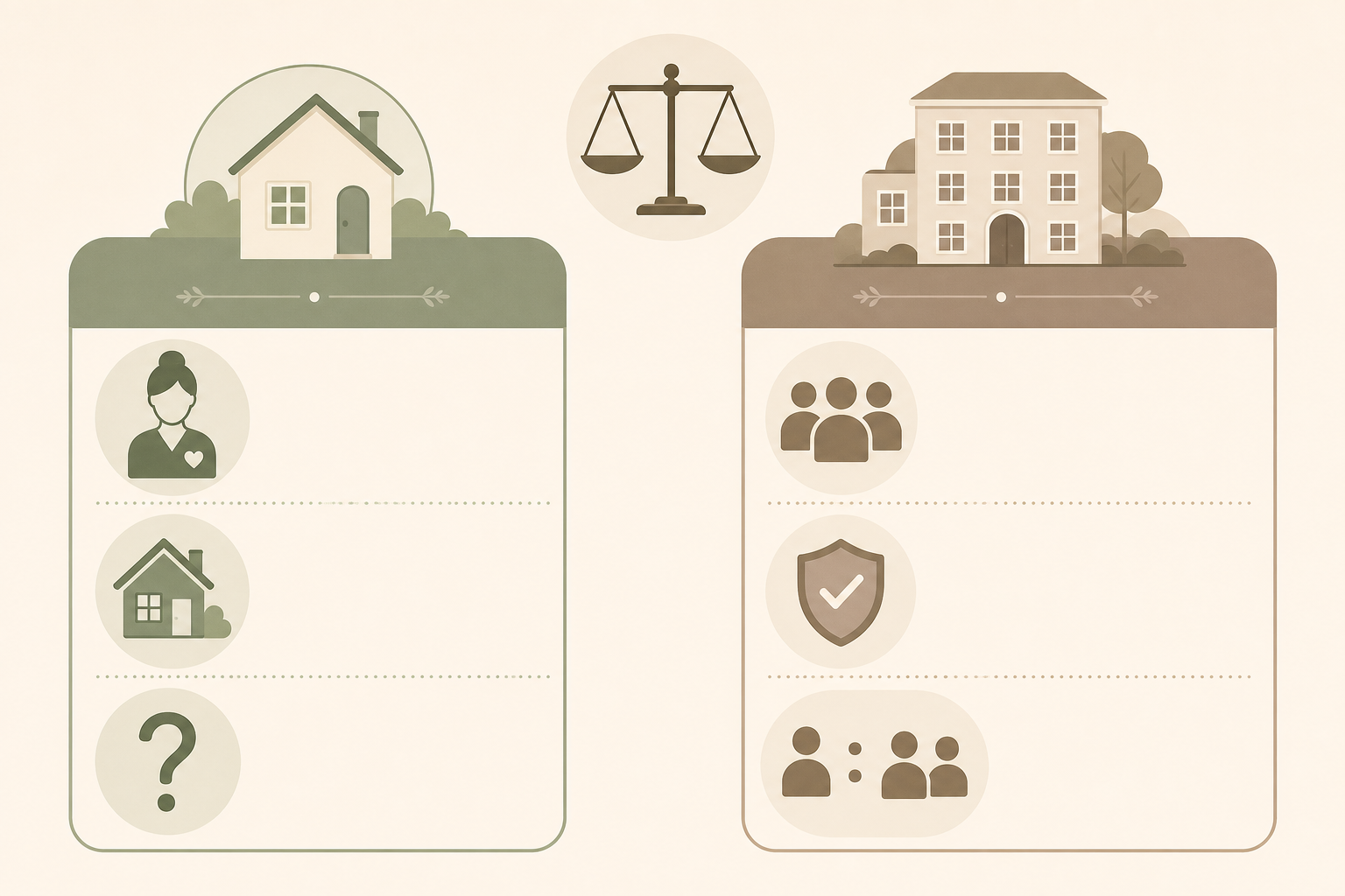 An editorial-style comparison matrix with two columns. A home icon and single caregiver figure on the left side represent one-on-one care at home. A building icon, multiple small figures, and a shield on the right represent assisted living's social engagement and safety infrastructure. A balanced scale sits centered above both columns.