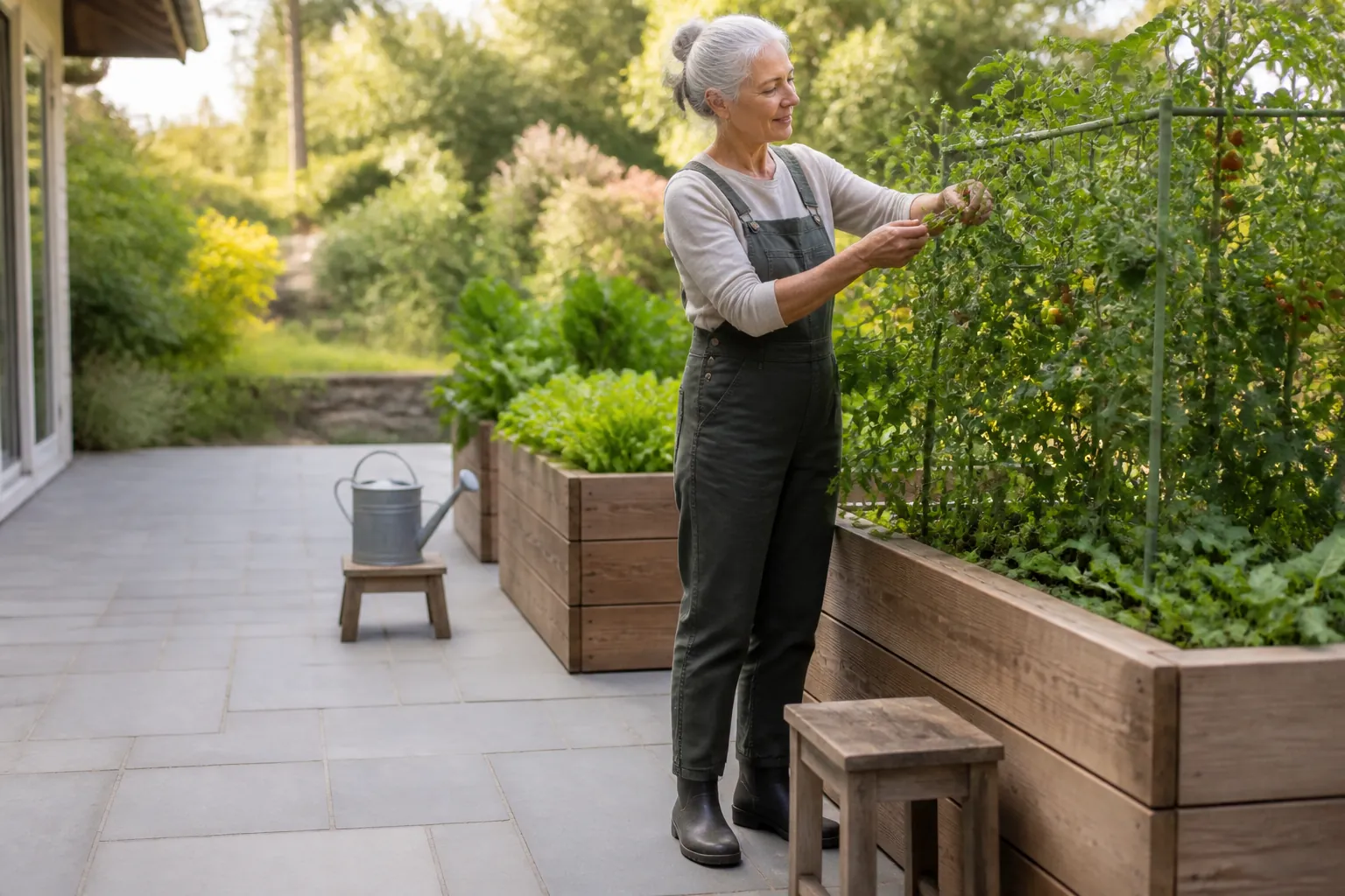 Older woman tending leafy plants in waist-high planter boxes on a clean, level patio