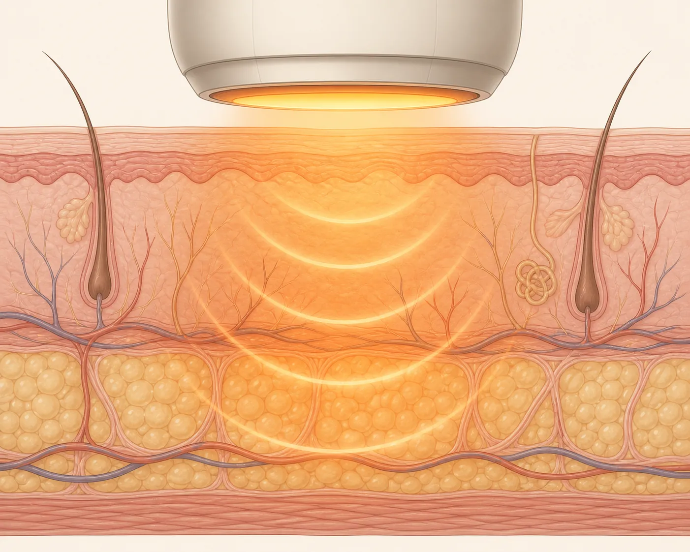 Illustration of heat gradually penetrating thin skin layers