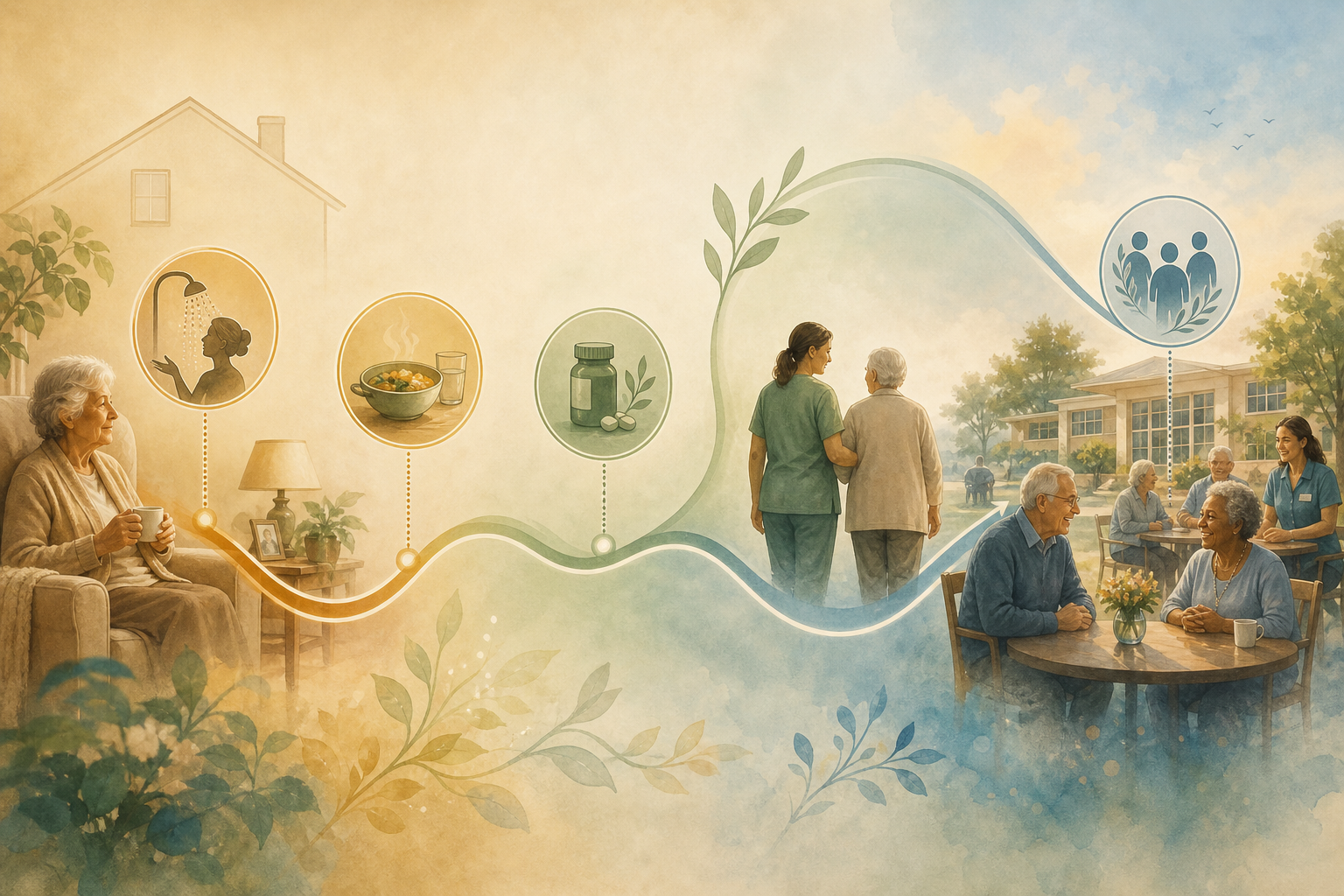 An editorial illustration of the ADL/IADL framework as a decision tool, showing simple icon-like representations of daily living tasks (bathing, meal preparation, medication management) flowing from a warm home setting on the left into a community setting with more support figures on the right, using soft amber, sage green, and blue tones.