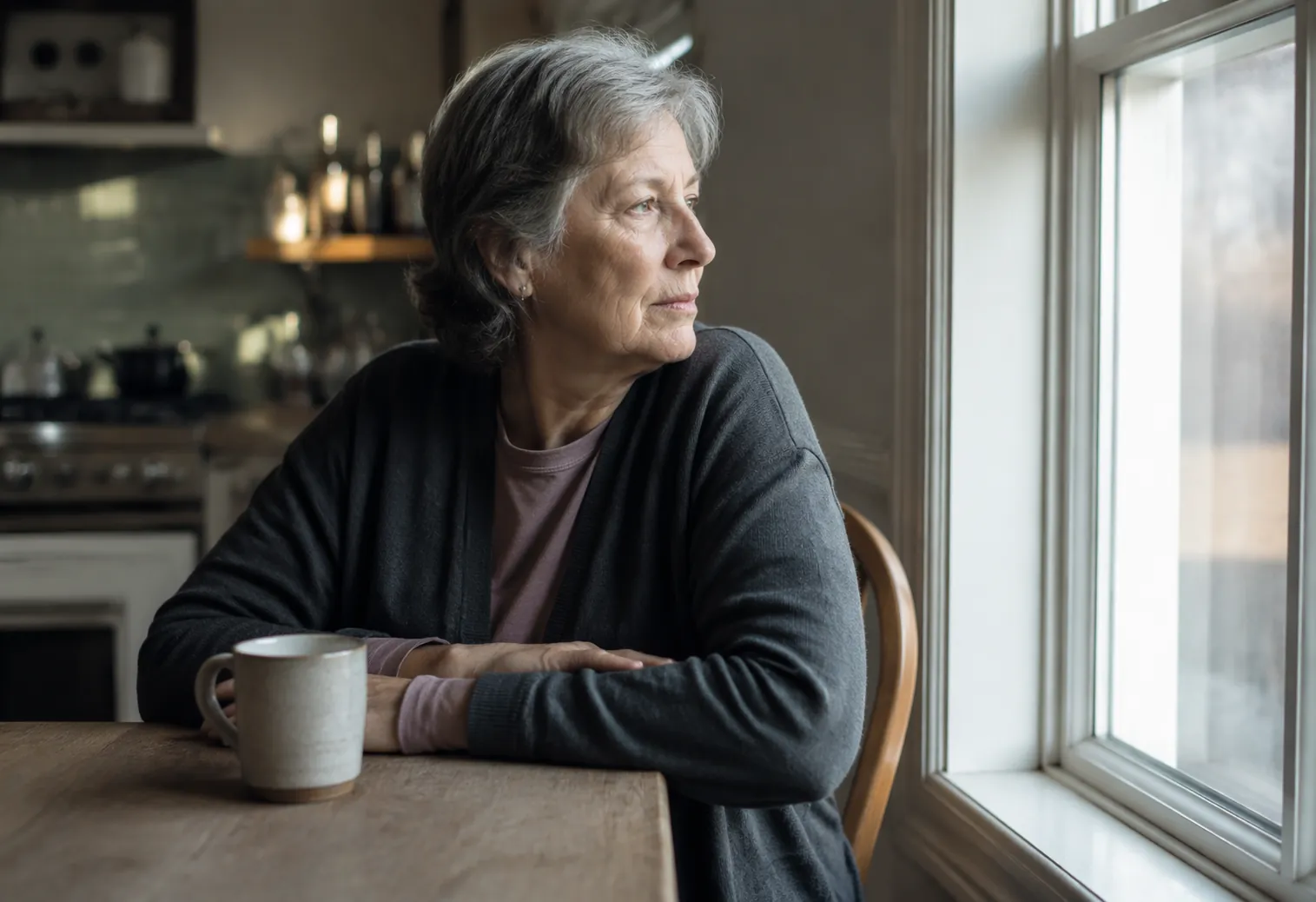A person sitting alone at a kitchen table in late morning, looking out a window with a quiet and uncertain expression