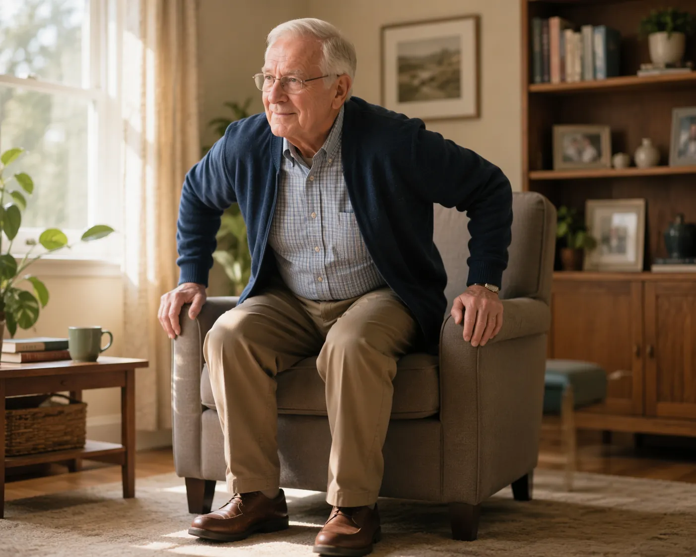 Older adult rising from a sturdy armchair in a controlled sit-to-stand movement