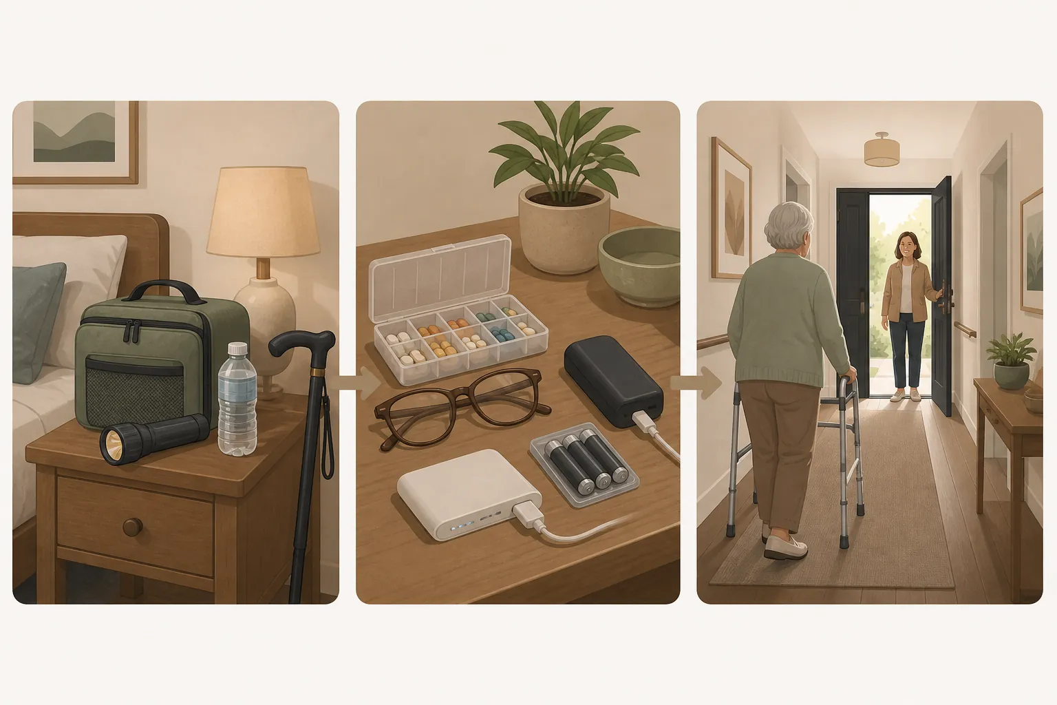 Three-panel illustration of a weekend earthquake preparation sequence with bedside supplies, medication and batteries, and an older adult practicing an exit route with a walker