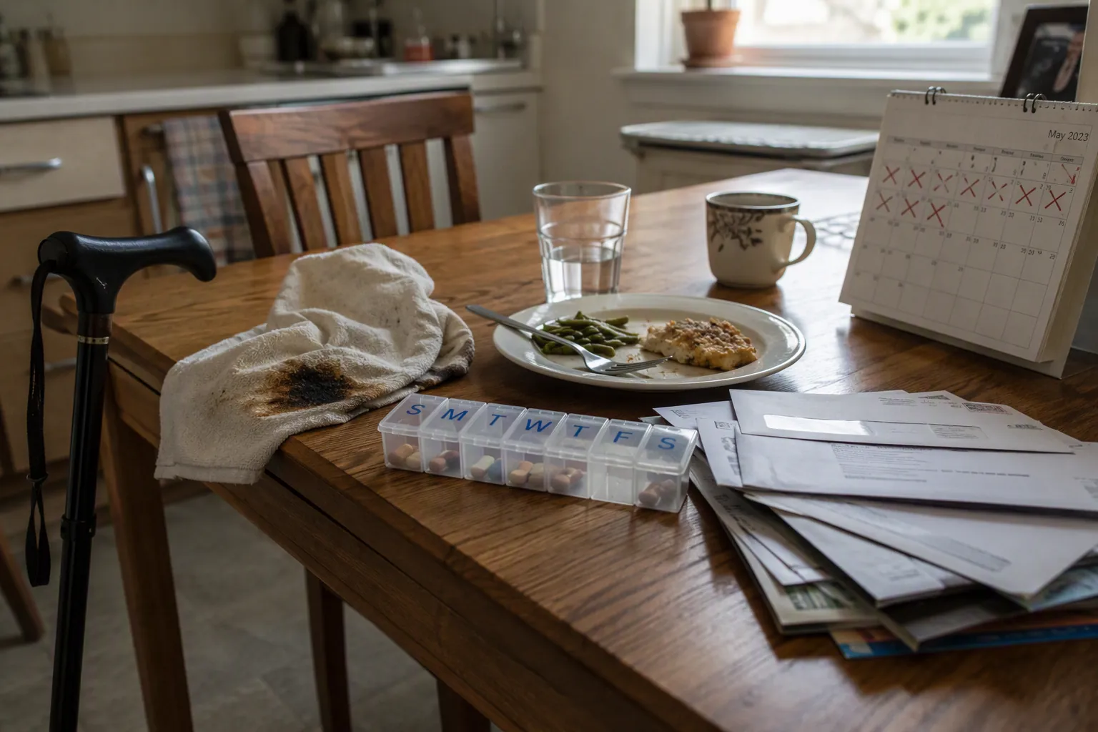 Kitchen table with pill organizer, unopened mail, cane, meal plate, calendar, and burned dish towel