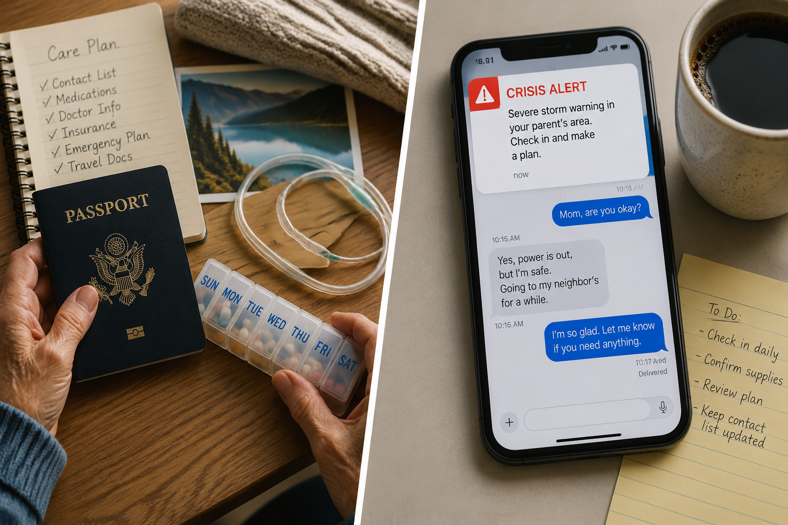 Older adult travel documents and medications beside a phone showing crisis coordination messages