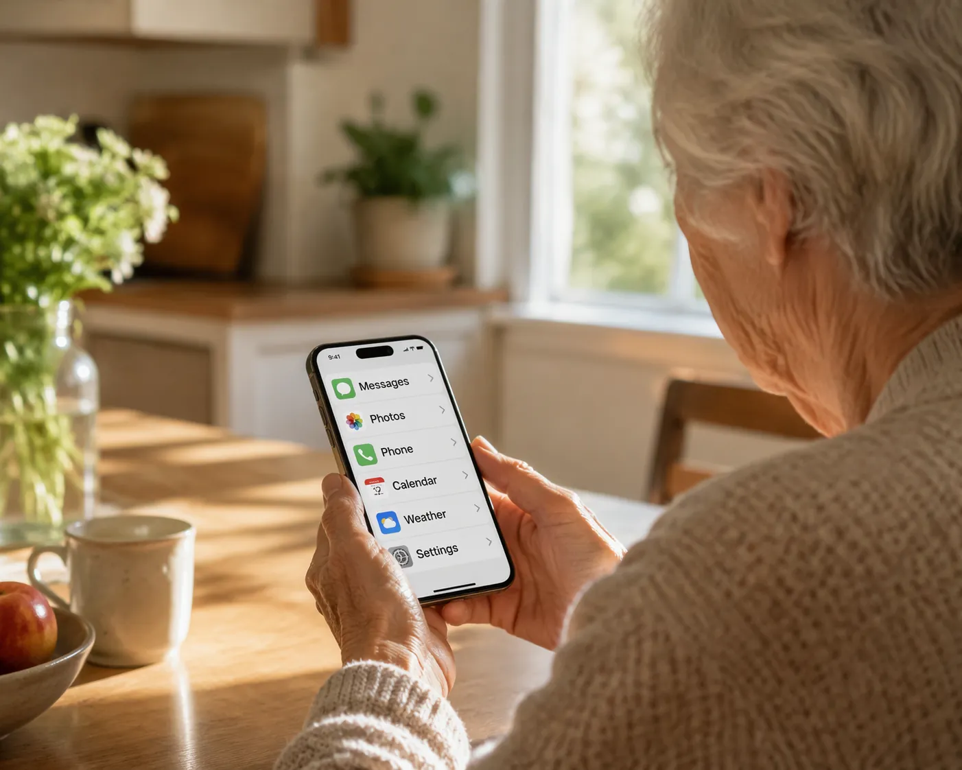 Older adult using an iPhone with a simplified large-text interface at a kitchen table