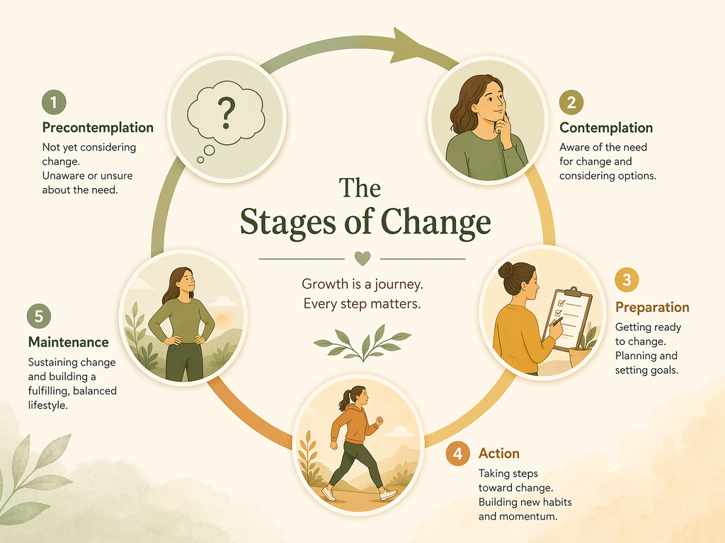 A circular progression diagram showing the five Stages of Change: Precontemplation, Contemplation, Preparation, Action, and Maintenance, with a gentle ascending curved path connecting them.