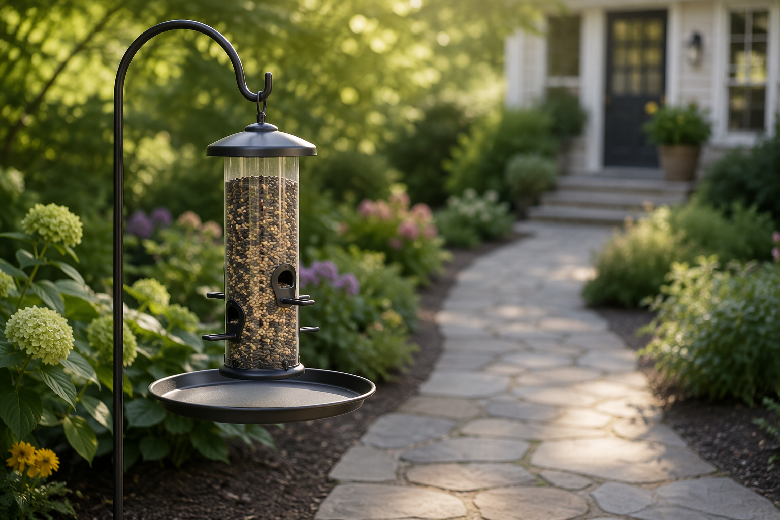 Bird feeder with catch tray placed away from a stone garden pathway, with clean ground underneath