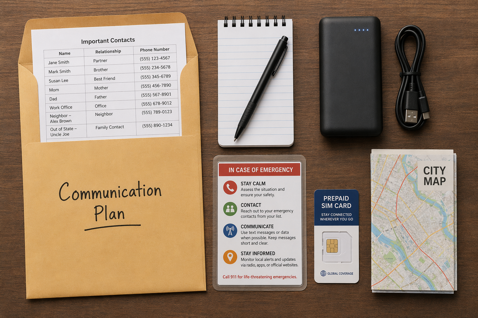 Travel communication backup kit with printed contact list, emergency instruction card, battery bank, prepaid SIM card, notepad, and folded map