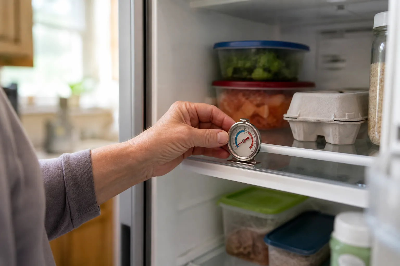 Caregiver placing a small refrigerator thermometer inside a senior parent’s refrigerator
