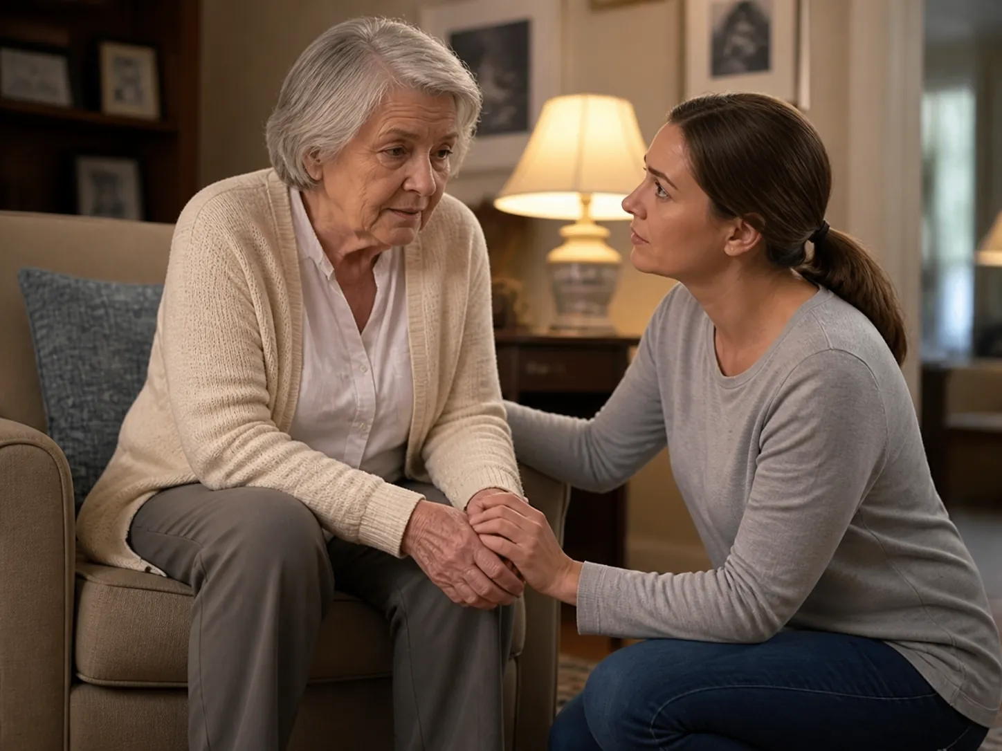 Caregiver kneeling beside an older adult who appears unsteady in a living room chair