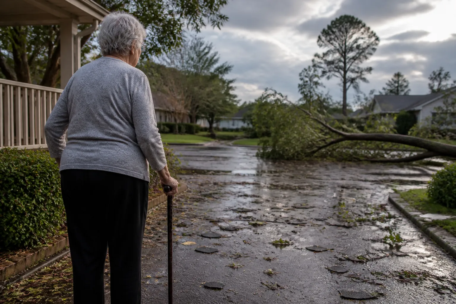 Older adult woman with a cane hesitating at the edge of a storm-damaged wet driveway