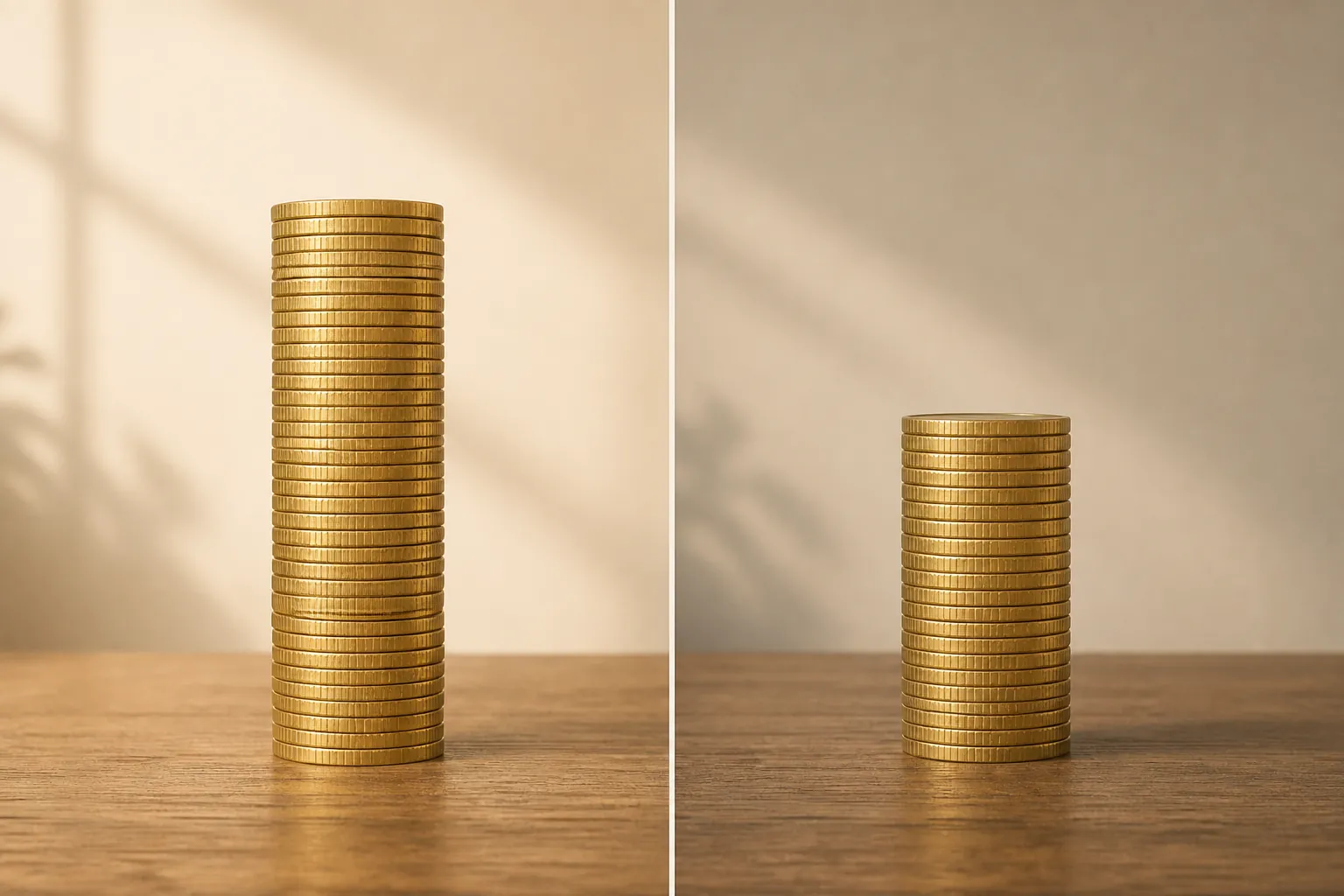 Two coin stacks showing a full benefit stack beside a shorter stack missing about a quarter of its coins