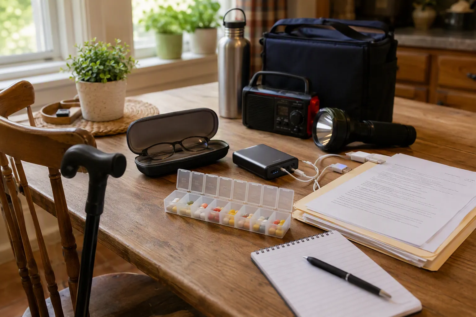 Kitchen table arranged with a pill organizer, reading glasses, cane, battery pack, flashlight, printed documents, and notebook for storm preparation