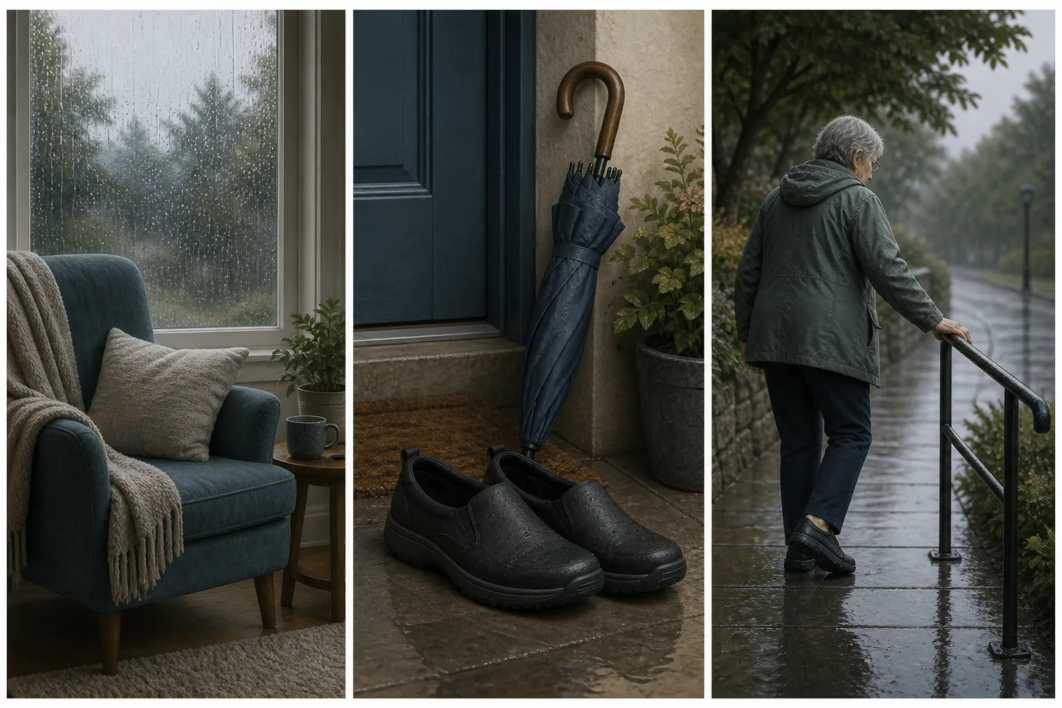 Three rainy-day options: staying inside, preparing shoes and umbrella by the door, and walking carefully with a handrail