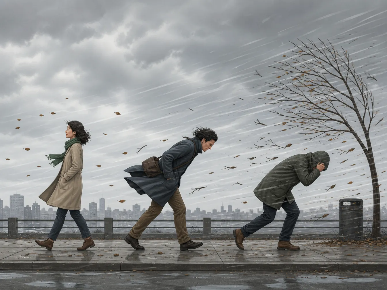 Three walking figures showing progressively stronger wind and increasing difficulty walking