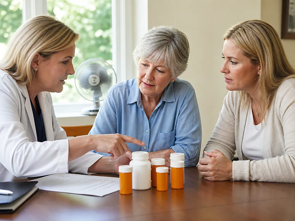 Clinician reviewing a medication list with an older adult and adult daughter during summer