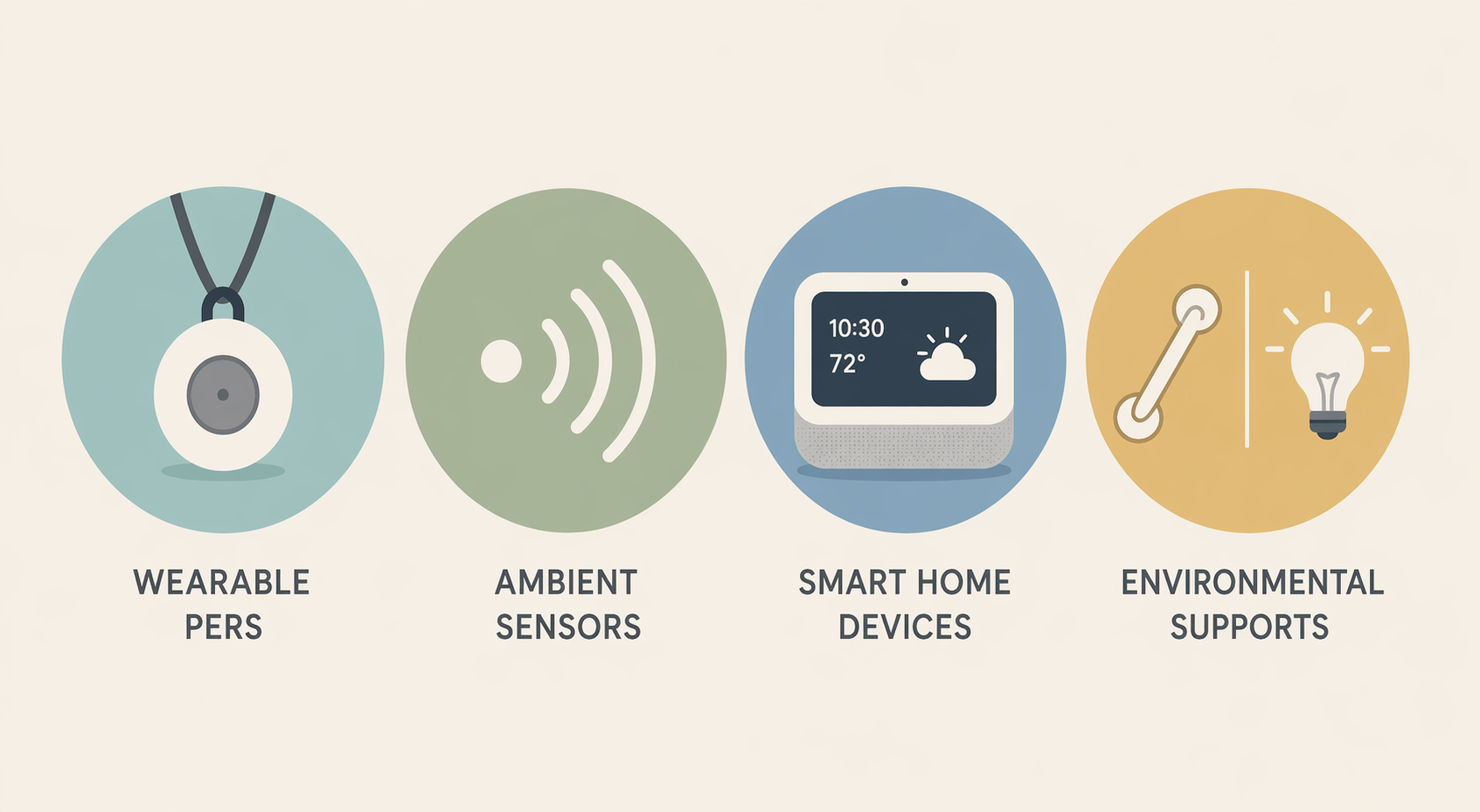 Four elderly home safety product categories shown as icons for wearable PERS, ambient sensors, smart home devices, and environmental supports