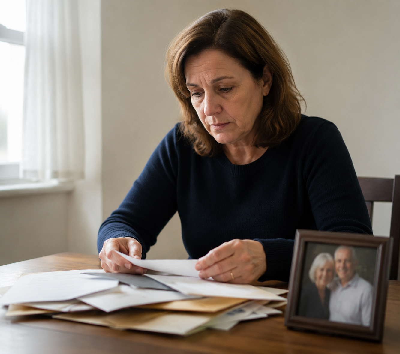 Middle-aged woman reviewing official papers and envelopes at a table with a framed photo nearby.