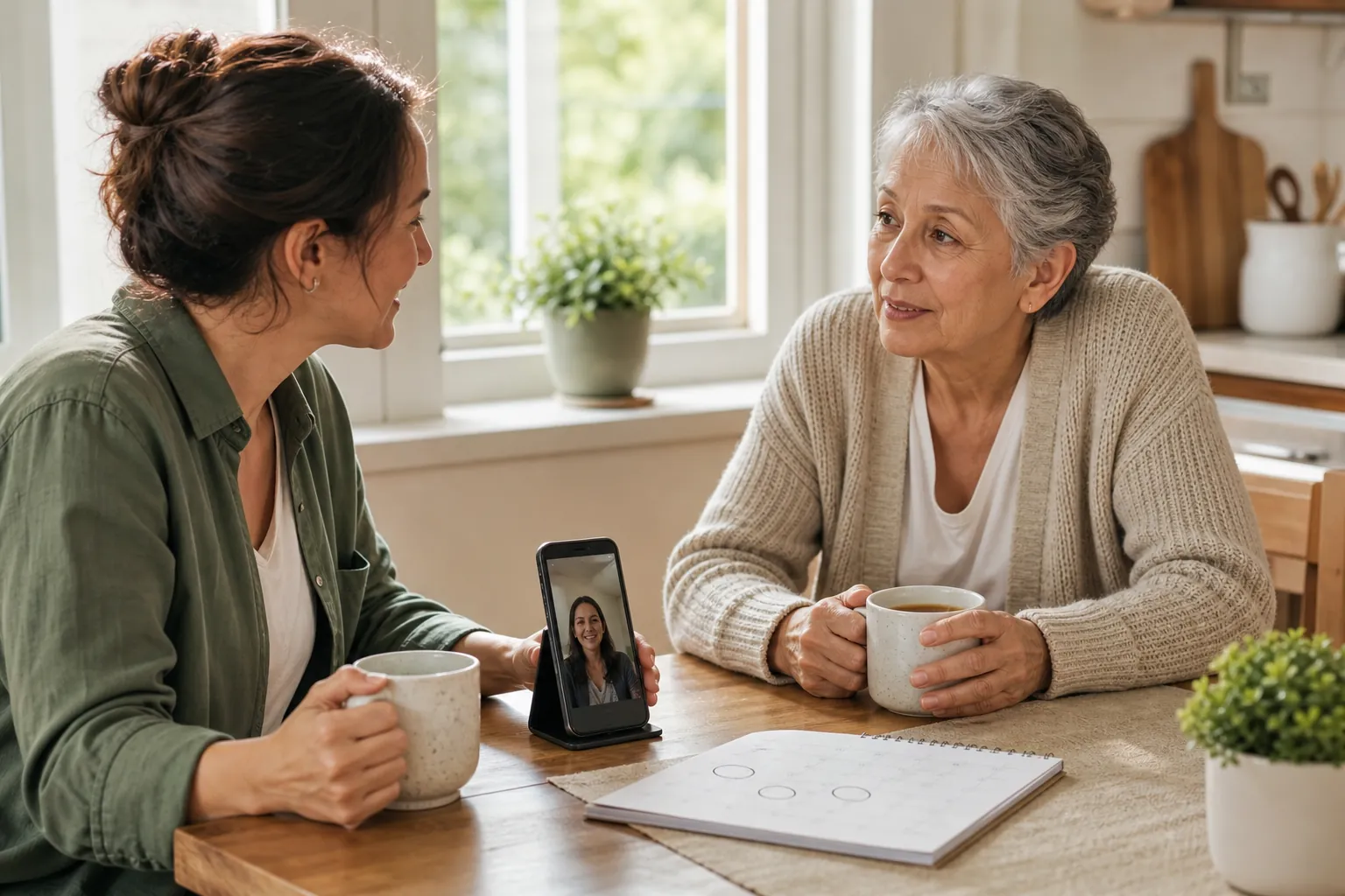 An adult daughter and older mother at a kitchen table after a storm, with tea, a family video call on a smartphone, and a paper calendar with circled dates