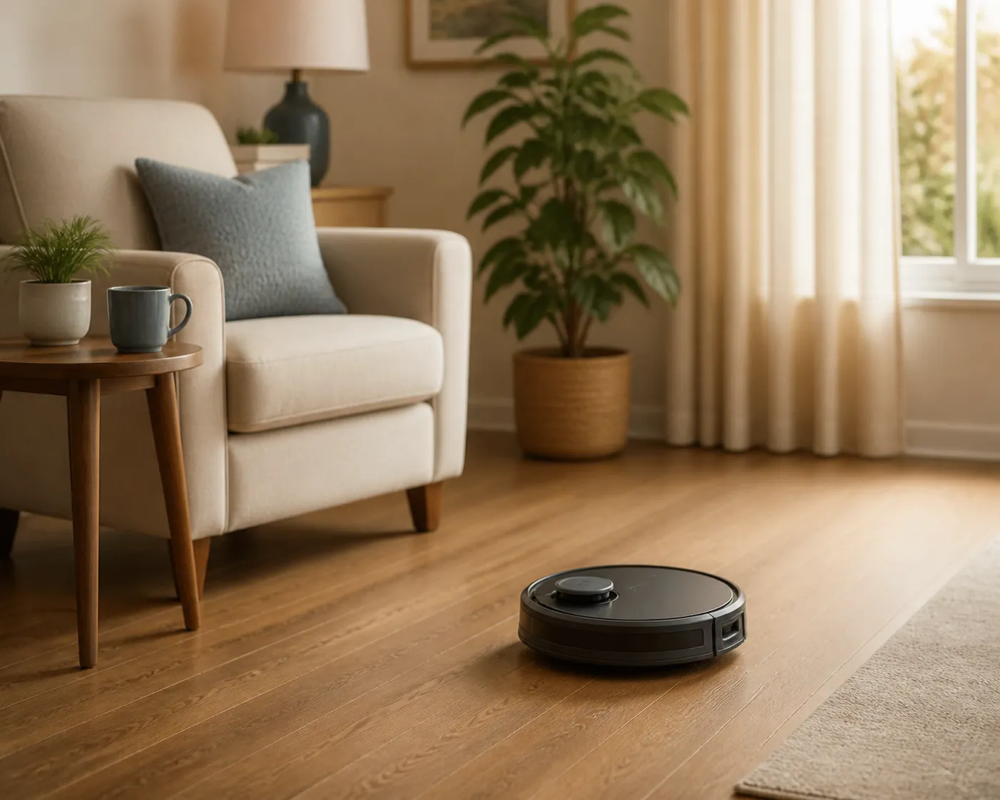 Robot vacuum cleaning a clear hardwood living room floor