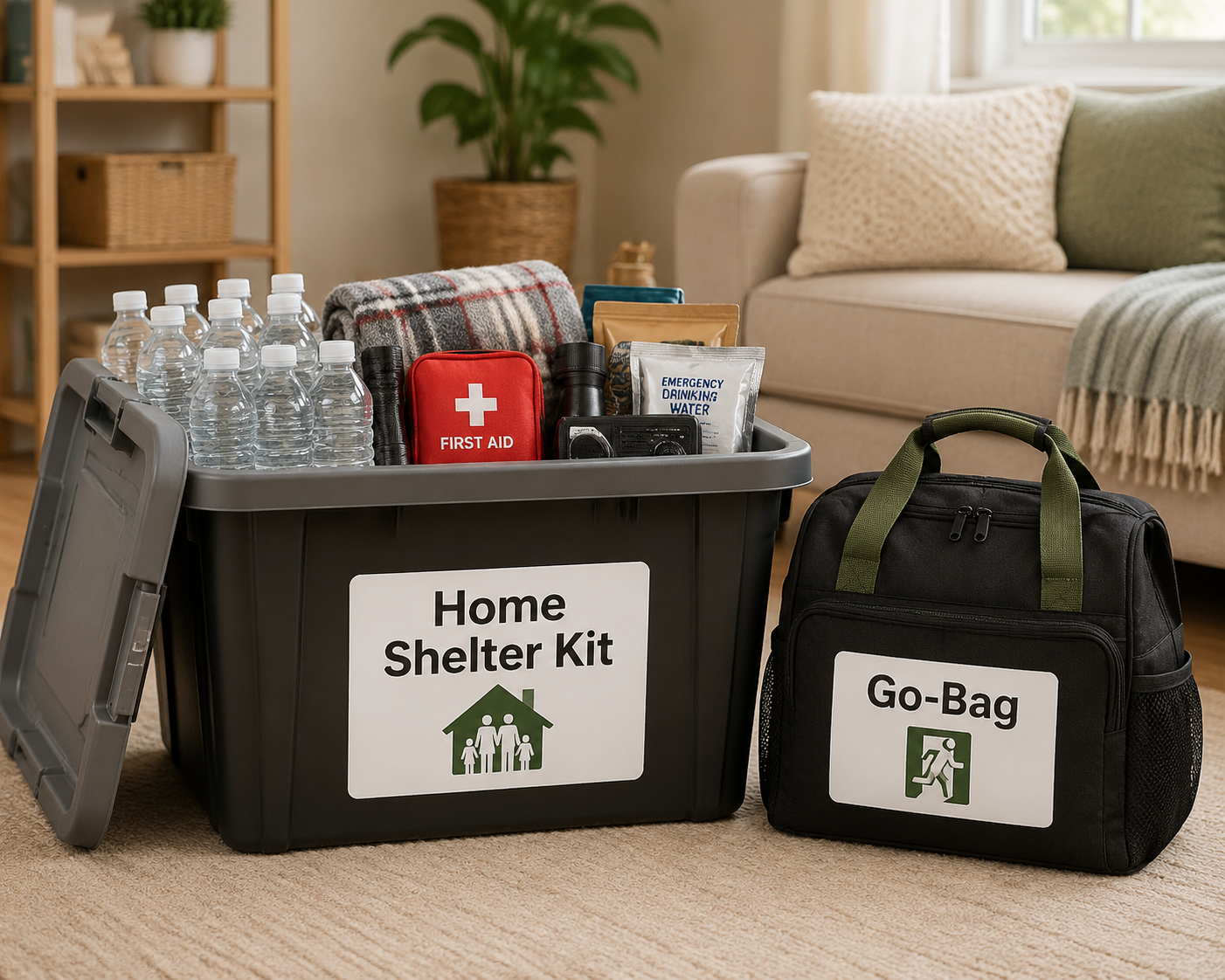 Large home shelter supply tub beside a smaller lightweight emergency go-bag