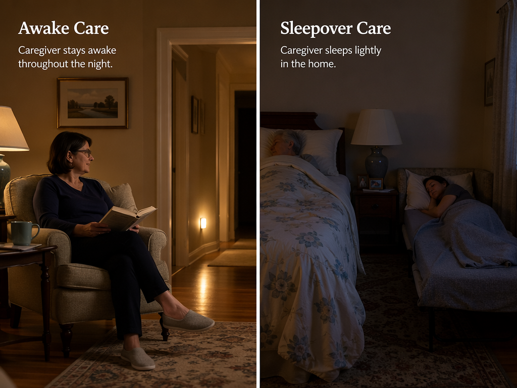 A split comparison scene showing two dementia overnight care models. On the left, 'Awake Care' depicts a softly lit living room with an alert caregiver reading in an armchair. On the right, 'Sleepover Care' shows a dim bedroom where a caregiver sleeps on a pull-out bed near a senior's bed.