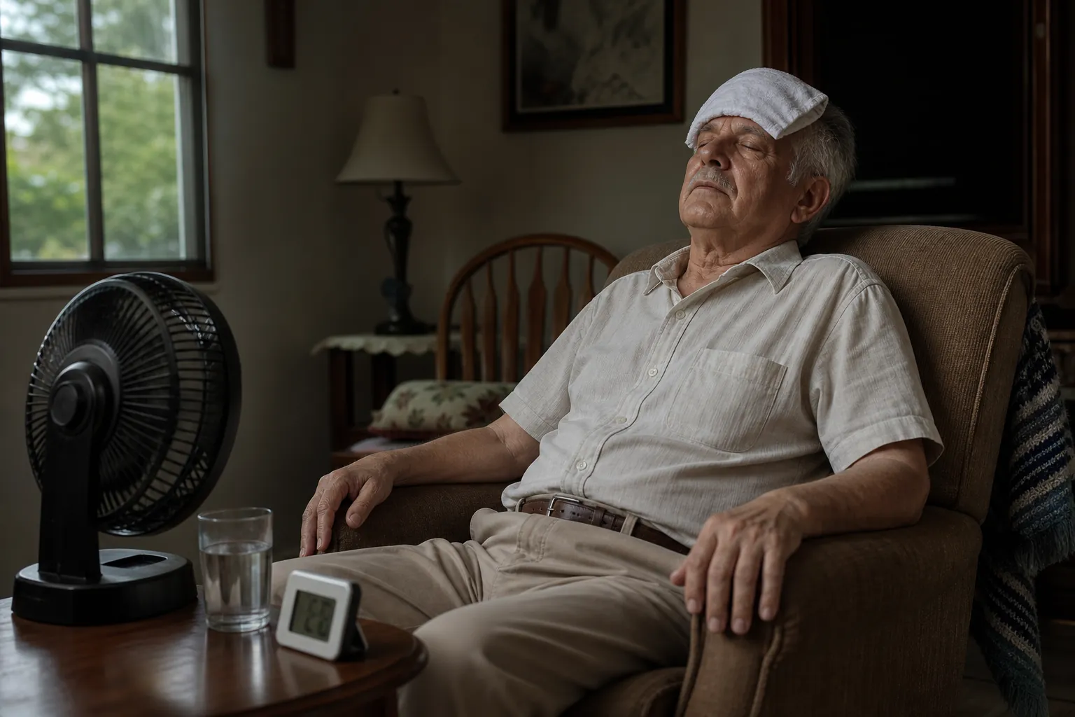 A dim living room during a power outage with a battery-operated fan, water, a small thermometer, and an older man resting with a damp cloth on his forehead