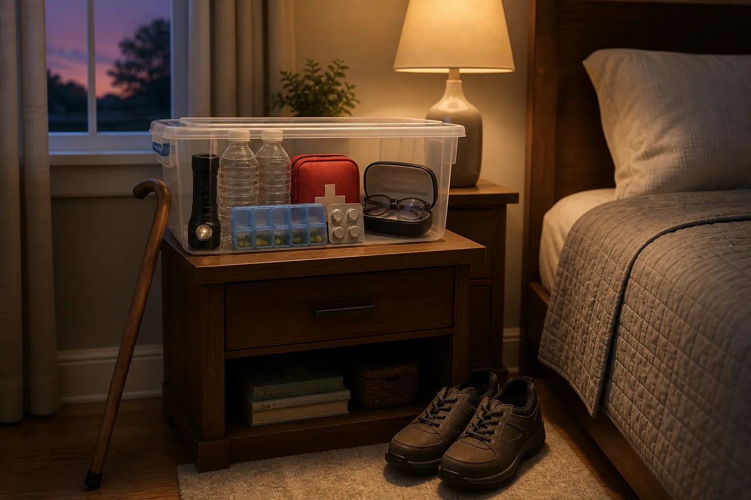Older adult bedroom with bedside emergency supplies, sturdy shoes, flashlight, water, medication, eyeglasses, hearing-aid batteries, and a cane