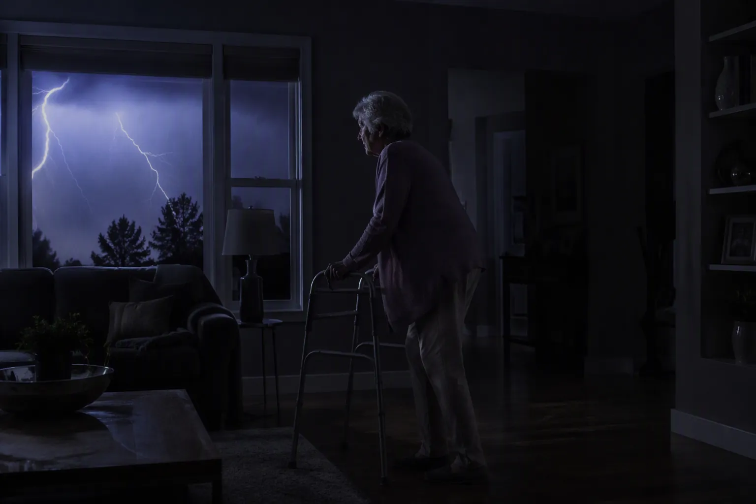 Older adult standing cautiously with a walker in a dark living room during a thunderstorm