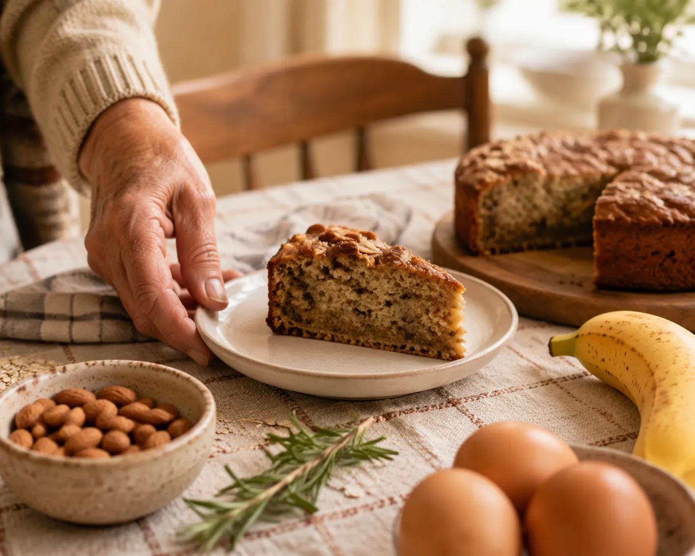 Homemade gluten-free cake served with almonds, eggs, banana, and oats nearby