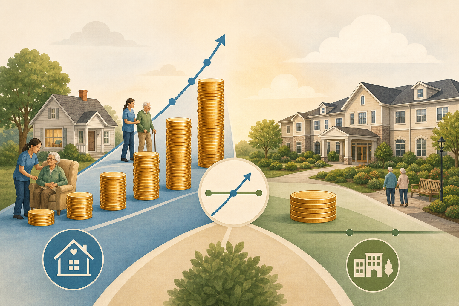 An editorial cost comparison illustration showing two pathways side by side: a home icon with coins rising higher as care hours increase on the left, and an assisted living building icon with a single flat stack of coins at a moderate height on the right, with a crossover point indicated between them, using warm editorial colors without specific dollar amounts.