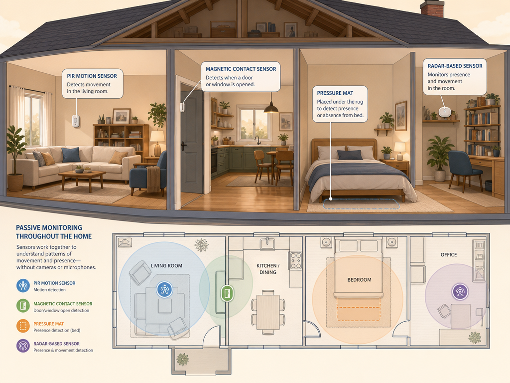 A cutaway editorial illustration of a home showing four types of passive monitoring sensors: a white PIR motion sensor on a living room wall, a magnetic contact sensor on a door frame, a thin pressure mat subtly outlined under a rug near a bed, and a small radar-based sensor on a shelf.