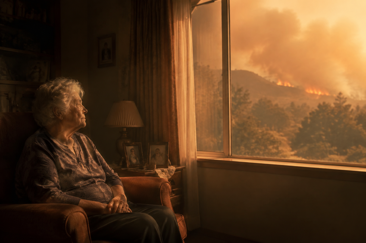 Older adult sitting indoors beside a window with smoky amber light outside