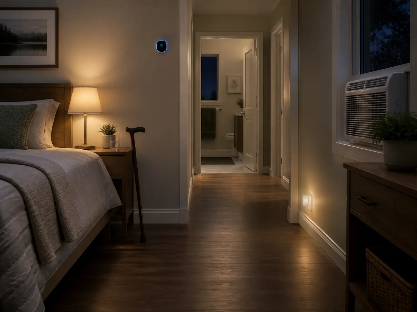 Clear nighttime path from bed to bathroom with nightlight, cane nearby, and no throw rugs