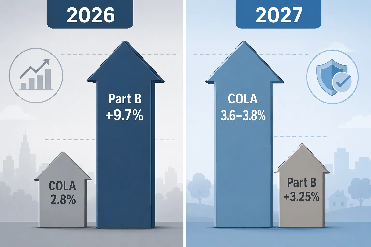 Side-by-side comparison of 2026 and 2027 showing Medicare premium growth overtaking COLA in 2026 and COLA growth exceeding premium growth in 2027