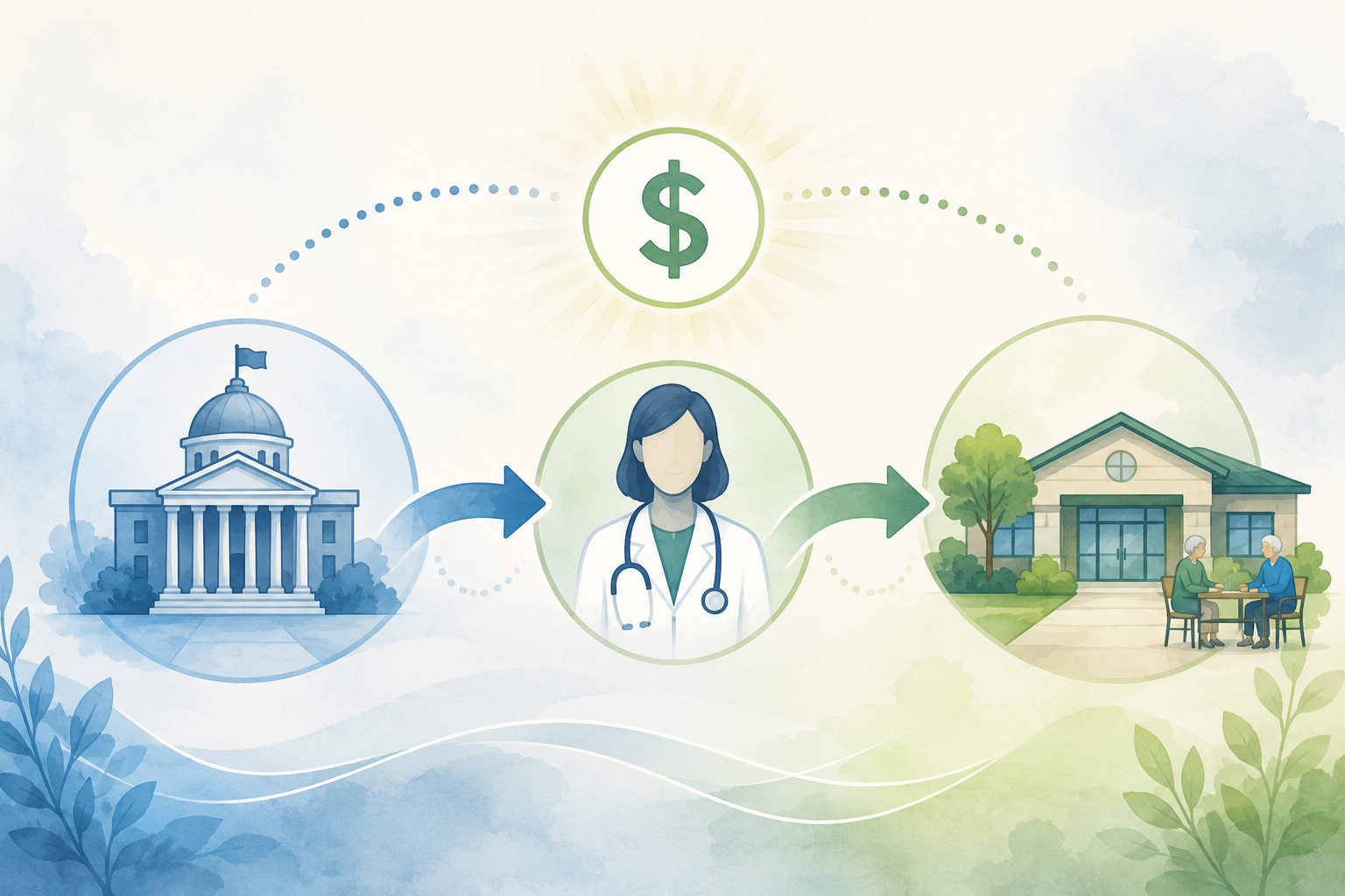 Illustration of CMS payment moving to a medical provider and then to a respite care partner